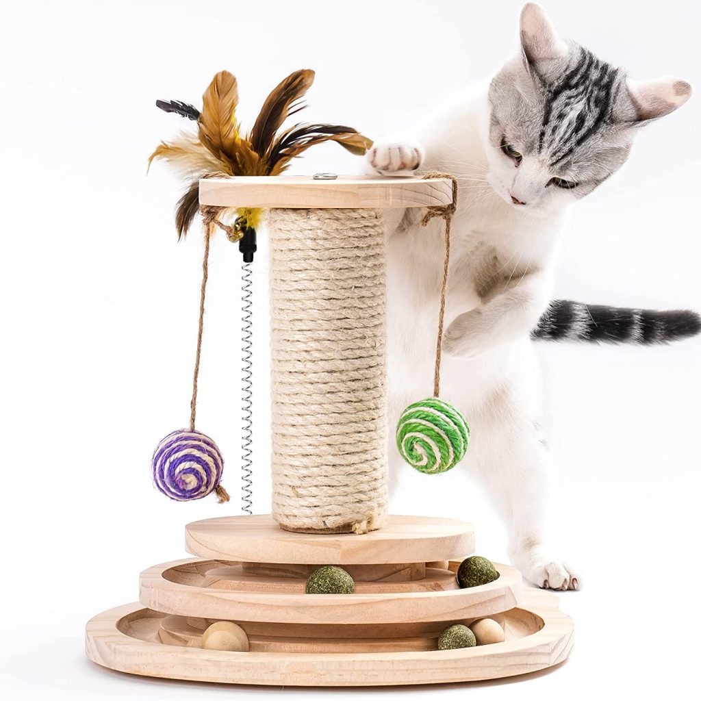 MEWOOFUN Turntable Cat Toy With Feather made of wood, come with a scratcher post and a feather toy