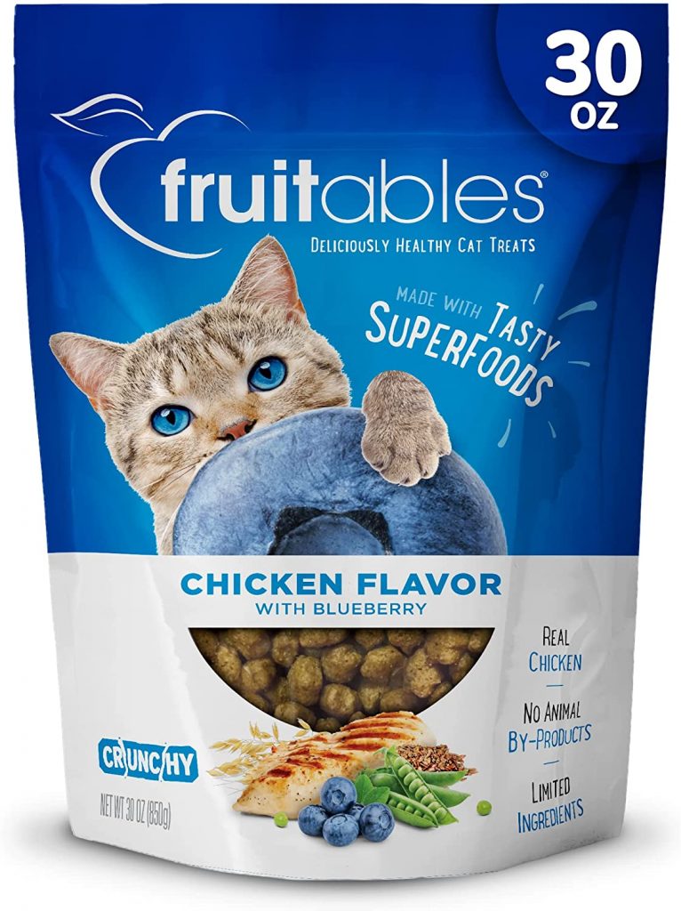 Fruitables Crunchy Cat Treats is a chicken-flavored cat treat with blueberry that your cat will love eating. This treat has no artificial flavors or color, as it is made of real chicken with a low-calorie concentration.