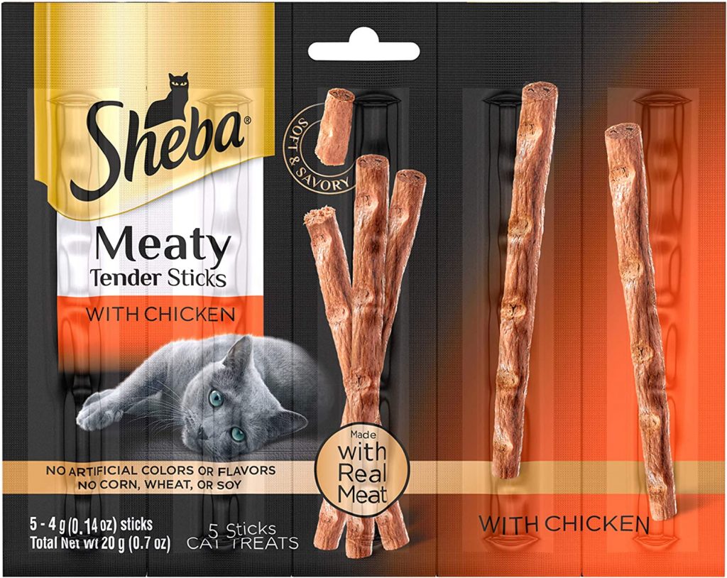 Sheba Meaty Tender Sticks Cat Treats is made of real meat and chicken flavored. The Sheba meaty cat treat is free from fillers and artificial flavors.