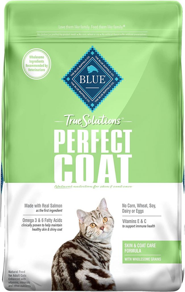 Blue Buffalo True Solutions Perfect Coat Natural Skin & Coat Care Adult Dry Cat Food has strong support of omega fatty acids 3 and 6 which help your cat in skin and coat health. 