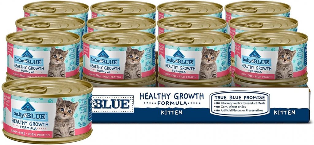 Blue Buffalo Baby Blue (Healthy Growth Formula Grain Free High Protein) Natural Kitten Pate Wet Cat Food enriched with minerals, vitamins, and more nutrients. They don't include corn, soy, wheat, artificial flavors, preservatives, chicken or poultry (by-product foods).