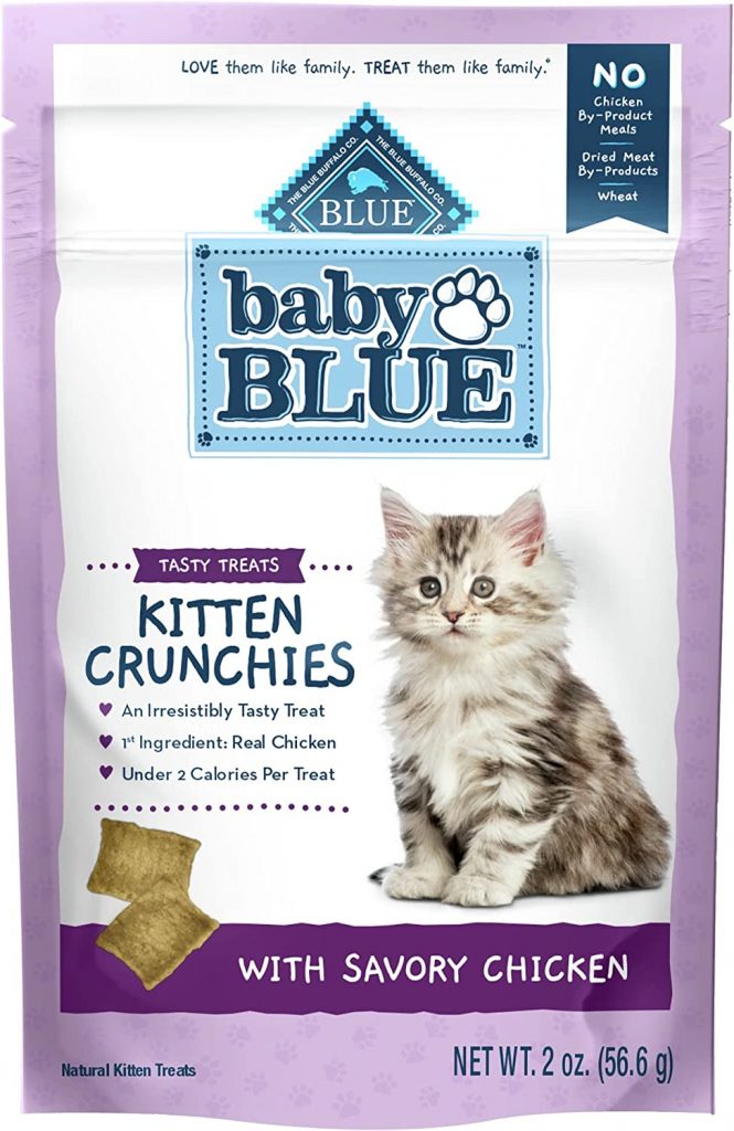 Blue Buffalo Baby Blue (Kitten Crunchies) Natural Kitten Treats - Savory Chicken has chicken as the main source of protein. The kitten treats have fewer than two calories per and are oven baked for delicious crunch kitties enjoy. 