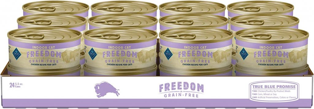 Blue Buffalo Freedom Natural Adult Indoor Wet Cat Food is grain-free and made with natural ingredients, and it is also specifically designed for indoor cats.