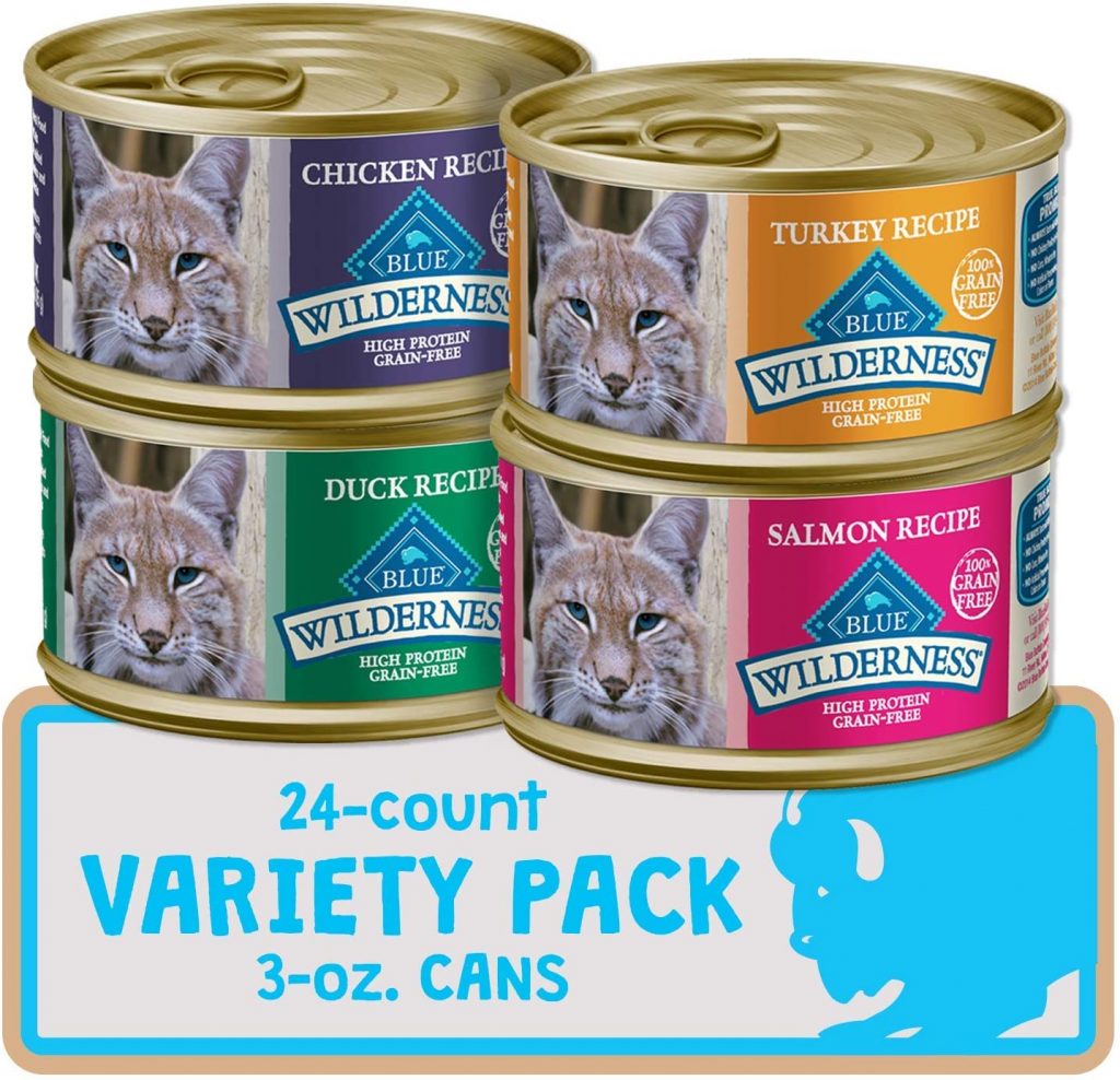 Blue Wilderness High Protein Grain Free, Natural Adult Pate Wet Cat Food is available in chicken, turkey, salmon, and duck flavors which many cats love. This food is grain free and has no artificial colors, flavors, or preservatives.