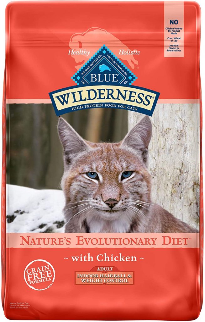 Blue Wilderness Hairball & Weight Controls Dry Cat Food help with hairballs and weight management. This Blue Wilderness cat food was created specifically for cats who live indoors and need a little help in those areas.