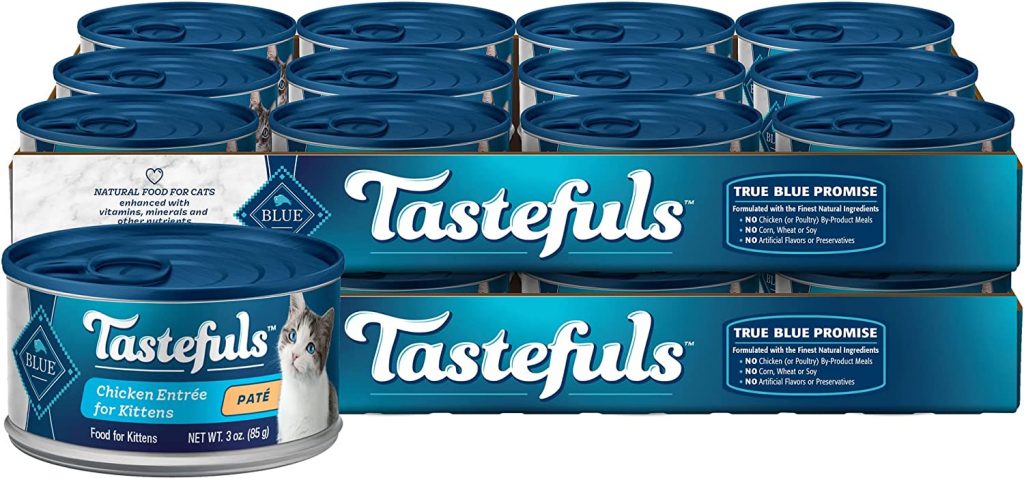 Blue Tastefuls Natural Kitten Pate Wet Cat Food is high in protein to promote positive growth and DHA to help the development of the brain.