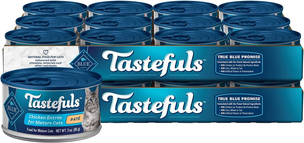Blue Tastefuls Natural Mature Pate Wet Cat Food is moisturized cat food with smooth flavors for your mature cat and is packed in twenty-four (three ounces) cans of these wet food chicken entrées.