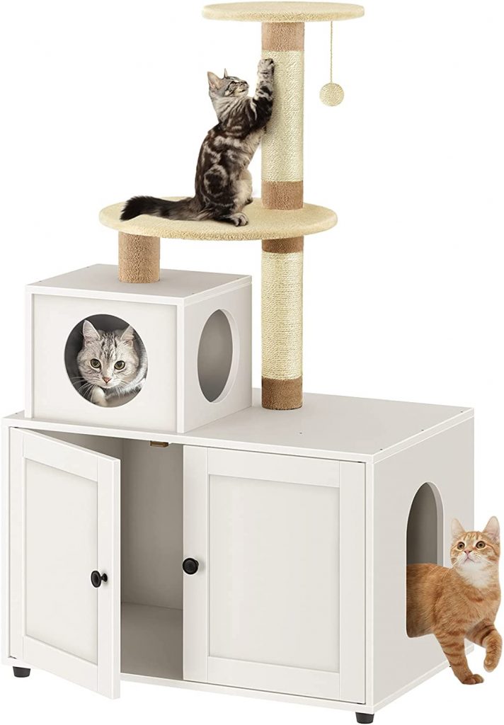 FavePaw Cat Litter Box Enclosure makes it easy for you to scoop litter without messing with the floor. The top three have a sisal rope where your cat can scratch their paws as they play.