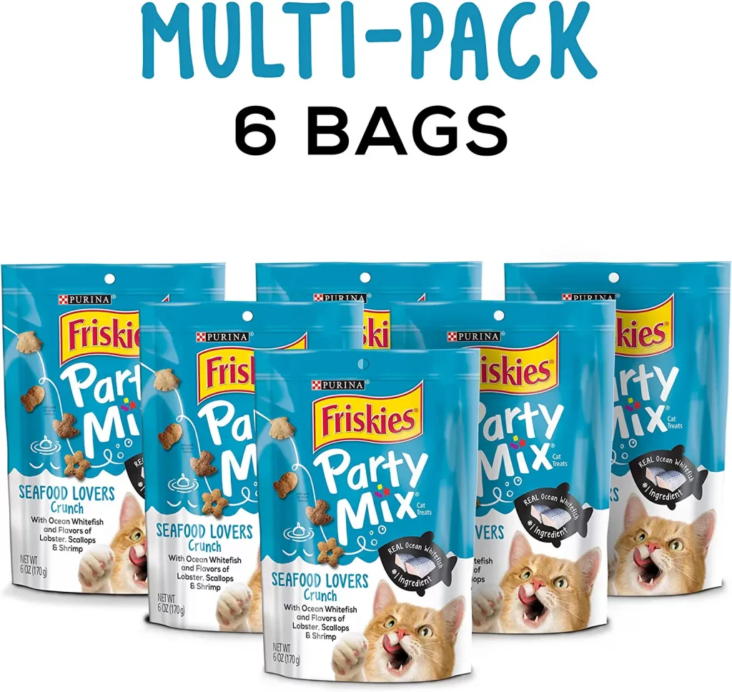 Purina Friskies Party Mix has whitefish as the primary ingredient in these fun-shaped appetizers. Lobster, scallops, and shrimp flavors are added to these treats to please even the pickiest cats.