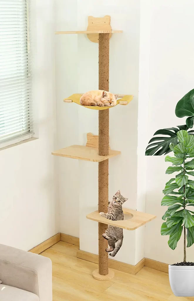 Hapykitys Wall mounted Cat Tree With Hammock offers stability since it is mounted into the wall. The product is suitable for cats who like to climb high and like to scratch.