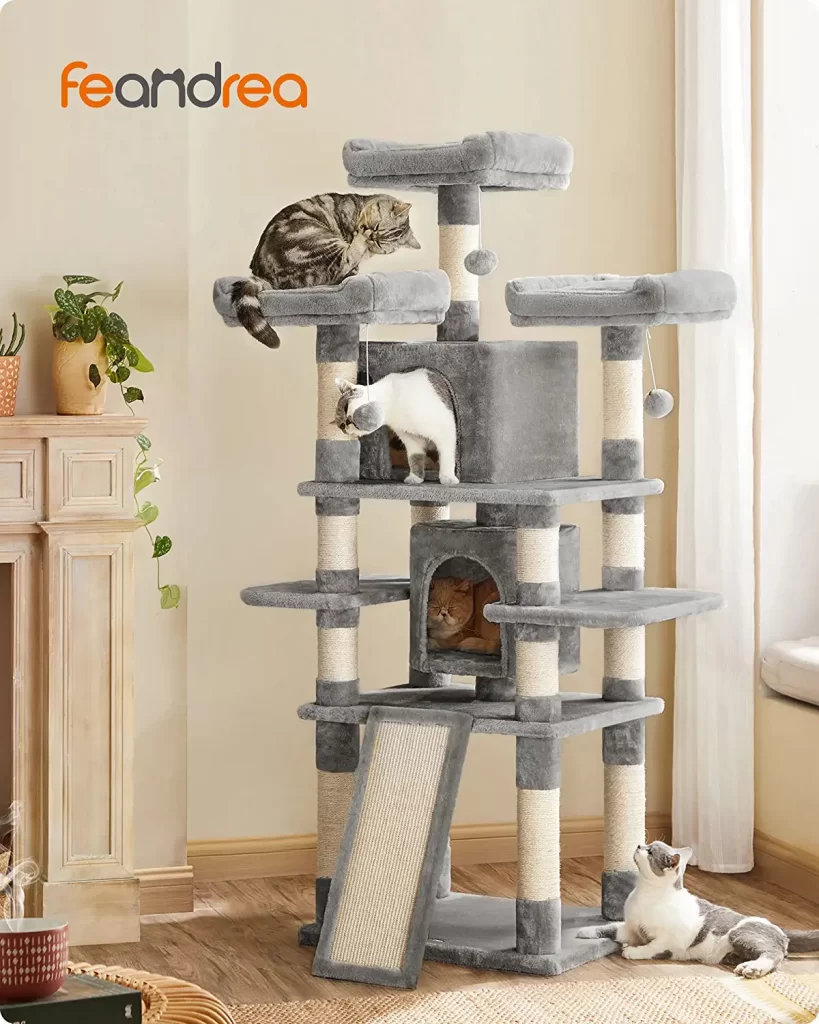 FEANDREA 67 Inch Multi-Level Cat Tree is a tall cat tree for cats who like to climb high. The product is perfect for people who own multiple cats. 