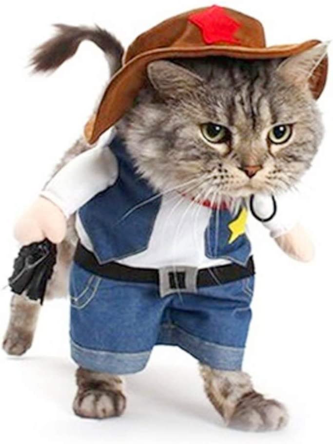 Meihejia Cat Cowboy Costume is perfect for the West because it has a small pair of hands holding a rope and a traditional cowboy vest with a big buckle. 