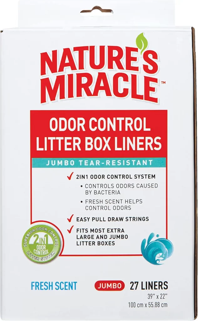 Nature's Miracle Odor Control Jumbo Litter Box Liners have been a trusted name for pet mess removal for over 35 years. Nature's Miracle stain and odor removers, training aids, and litter treatments will undo whatever your pets do.