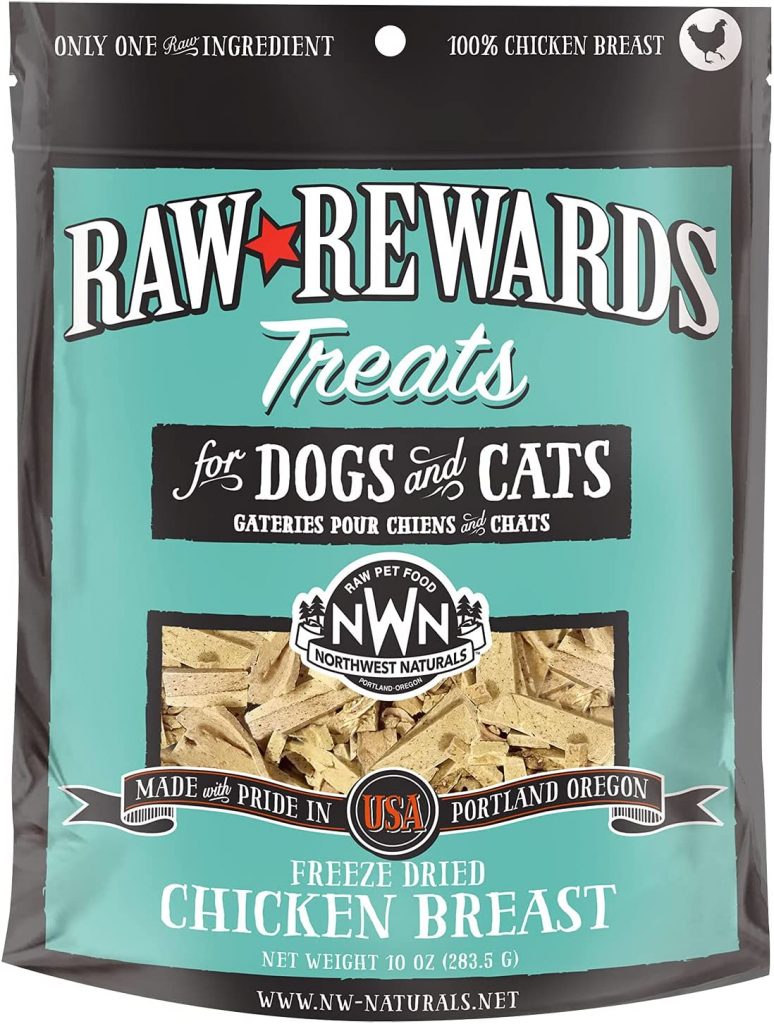 Northwest Naturals Raw Rewards Freeze-Dried Treats for Dogs and Cats is a frozen raw food treat that contains only one ingredient which is the flavor itself. If you buy the chicken flavor, the only ingredient is chicken. Same with fish and other meat ingredients.
