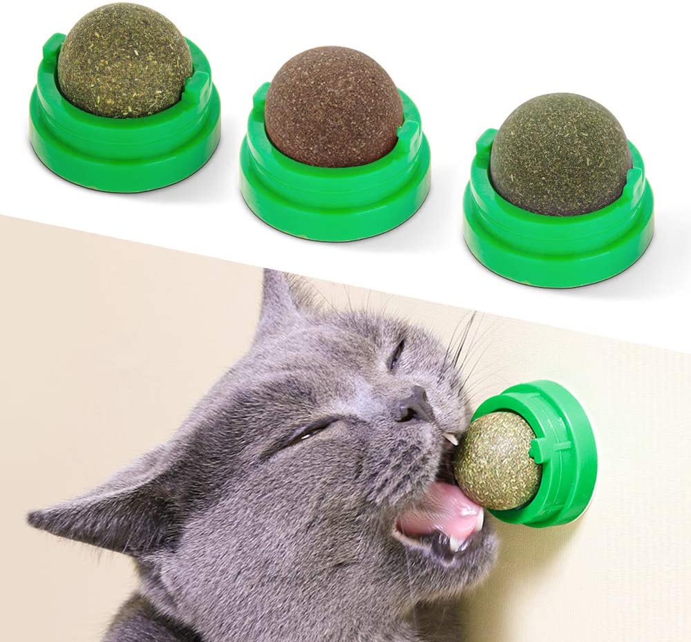 Potaroma Catnip Toys Balls won't fall off the wall or any other surface because it has a strong viscous force. Each of the three balls can be turned a full 360 degrees when licked.