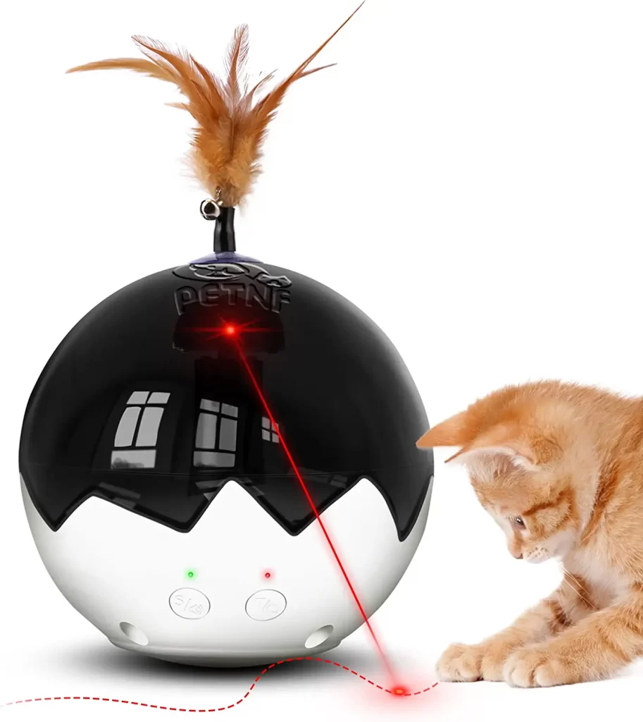 Petnf Interactive Laser Cat Toy is a reputable manufacturer of pet products with a top-tier design team and manufacturing in the pet sector. Their spinning ball laser toy has been tested for eight months to prevent falling over while your cat plays with it. It has a 360-degree spin, an eggshell ball design, and a tumbler bottom so that your cat or kitten may have a more enjoyable time chasing.