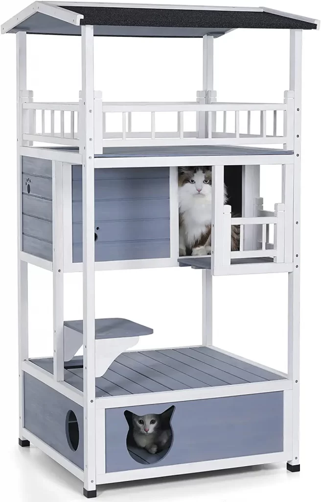 Petsfit Outdoor Cat House & Weatherproof can hold multiple kittens and large cats. The product offers safety, feeding and playing space for your cats