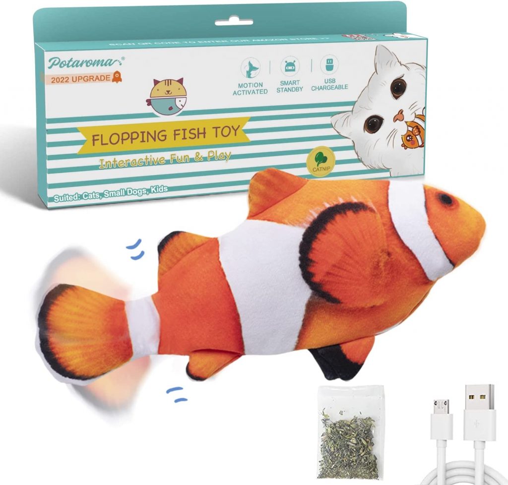 Potaroma Flopping Fish Cat Toys is made out of cotton padding that will last for a long time and is safe for both you and your cat to play with. Since this toy can be charged through a USB port, you won't have to buy new batteries.