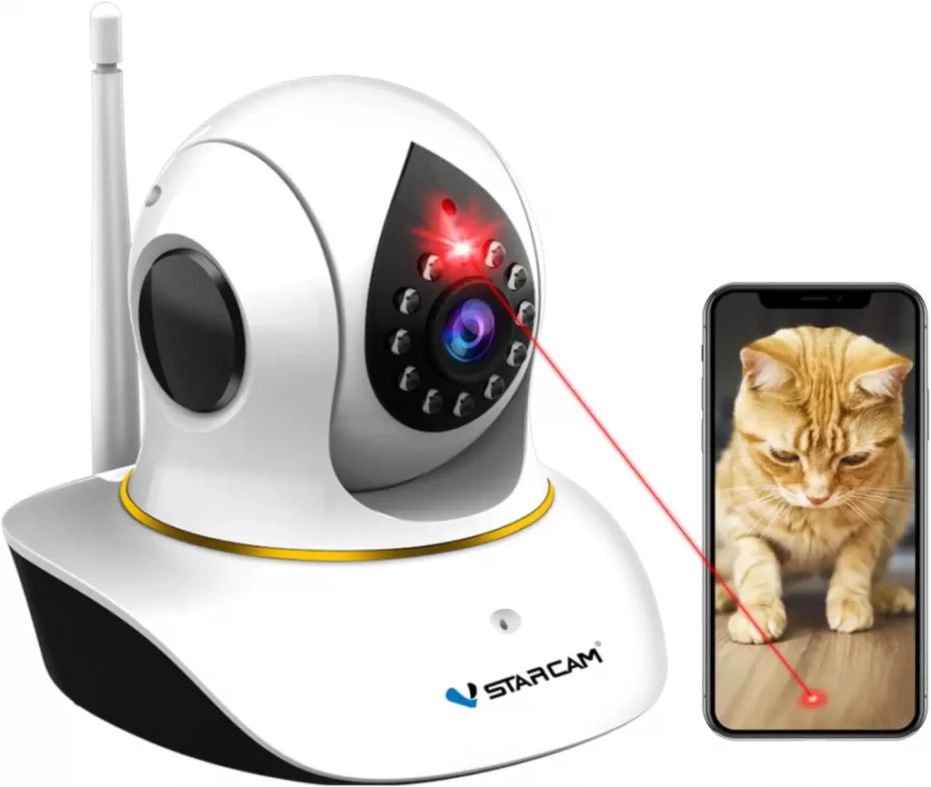 VStarcam Laser Cat Toy is a pet camera and laser toy for training and entertaining pets. Set the fixed-point cruise or remotely control the laser rotation using a smartphone. Pet surveillance cameras can be transferred to others, allowing you to share pleasant family moments while interacting and playing with pets when you are outside.