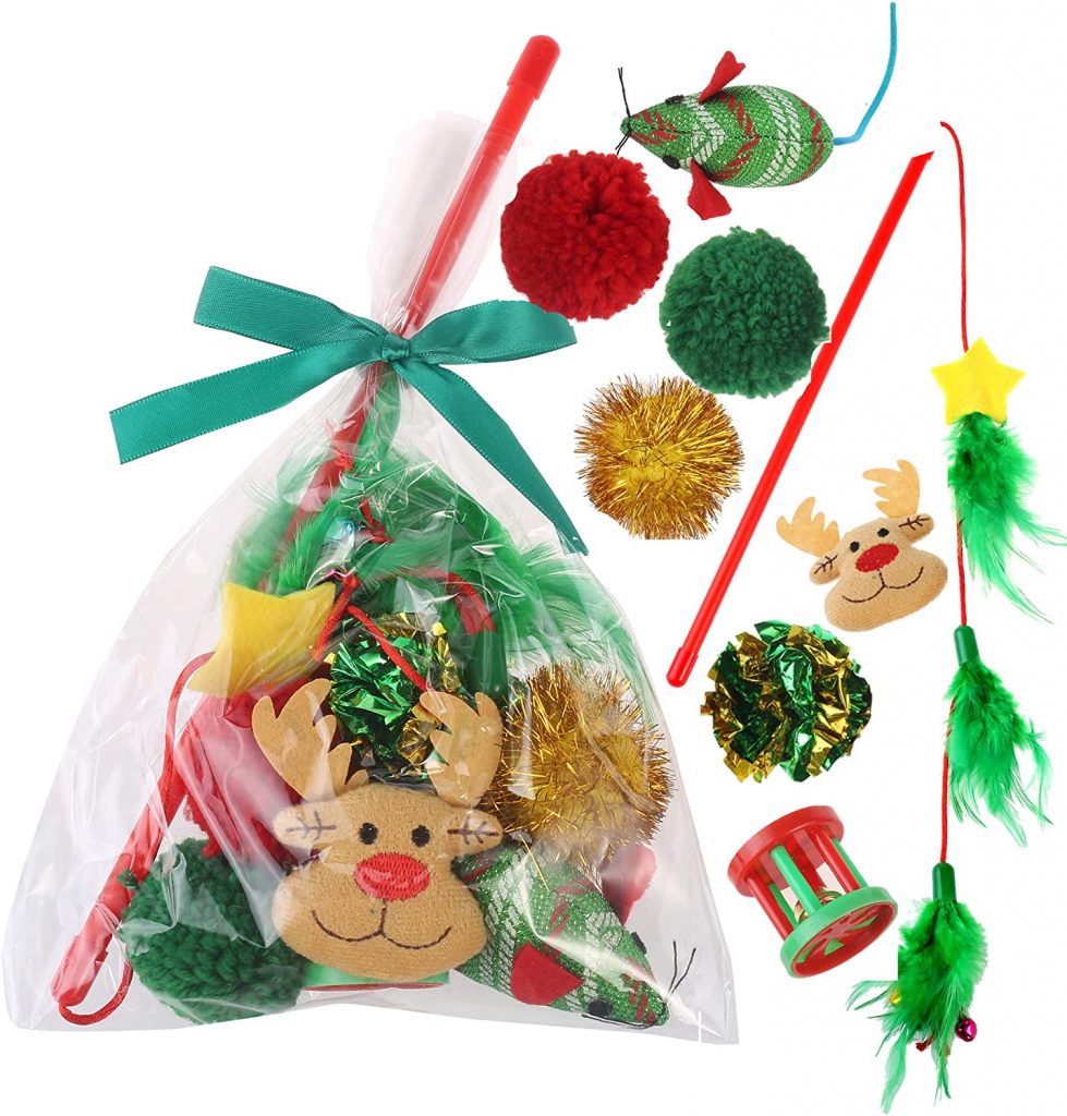 Pawskido Set of 8 Christmas Cat Toys have a variety of balls, an interactive kitten feather play, a plush mouse stuffed with catnip, and a plastic wheel toy with a bell attached to it.
