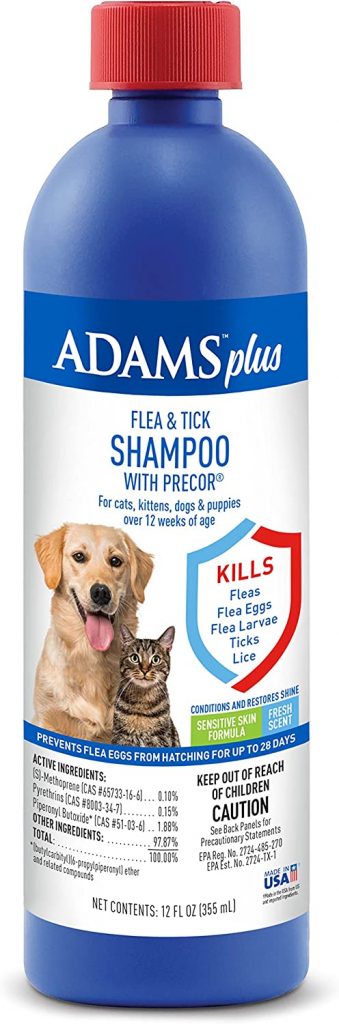 Adams Plus Flea & Tick Shampoo has aloe to soothe flea bites and a formula developed to help sensitive skin.
