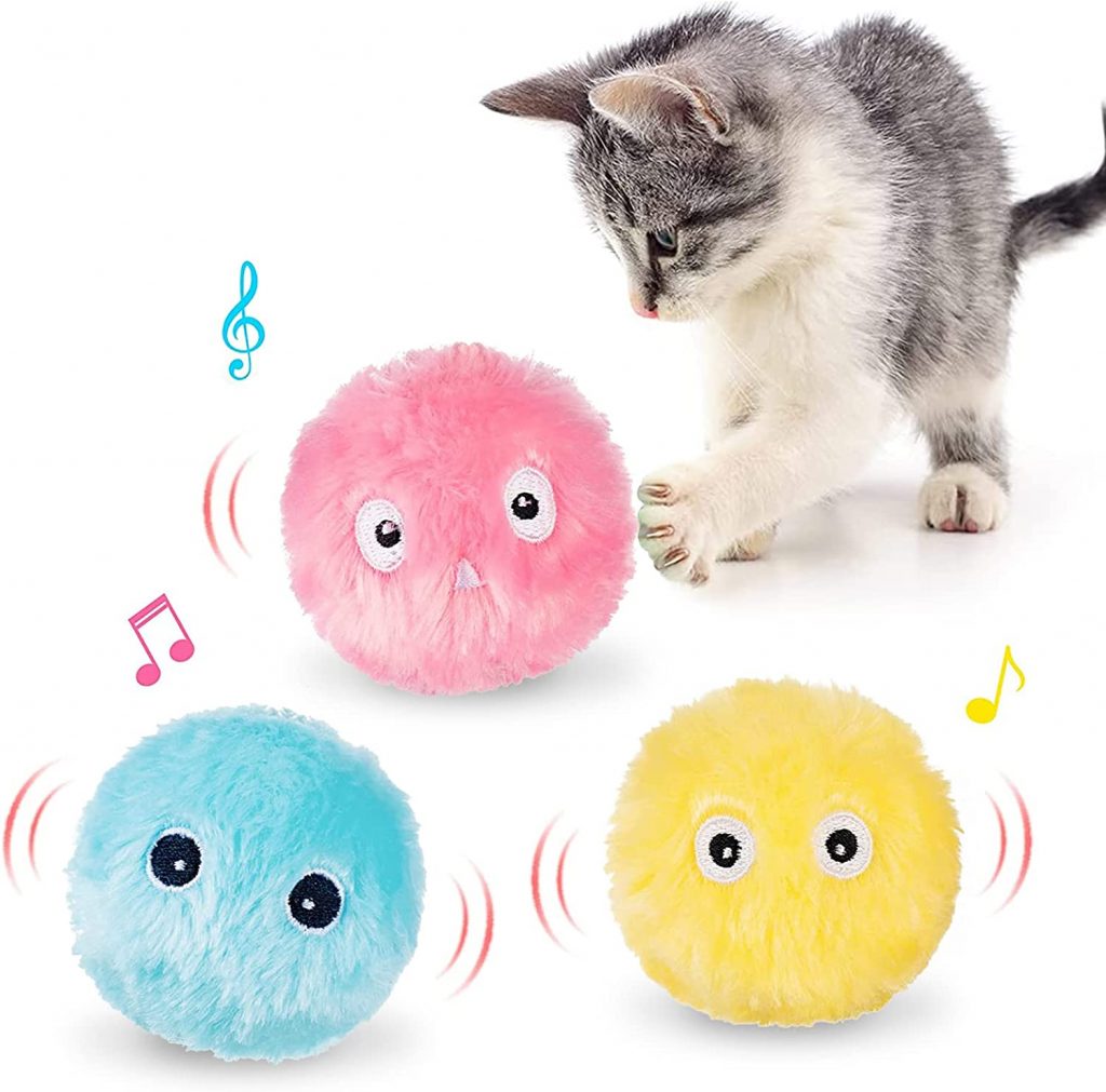 BuntyJoy Cat Toys emits animal sounds and stimulates your cat's hunting instinct. When touched, these three 2.2" fluffy plush balls emit vivid animal chirps of frog, cricket, and bird.