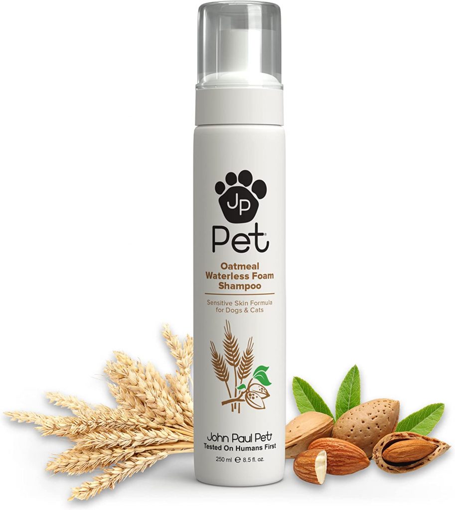 JP Pet Oatmeal Waterless Foam is designed to bond with dirt and oils, allowing them to be easily brushed out of a pet's fur. It contains all-natural botanical extracts similar to their Paul Mitchell brand for humans, but it is pH balanced for animals.