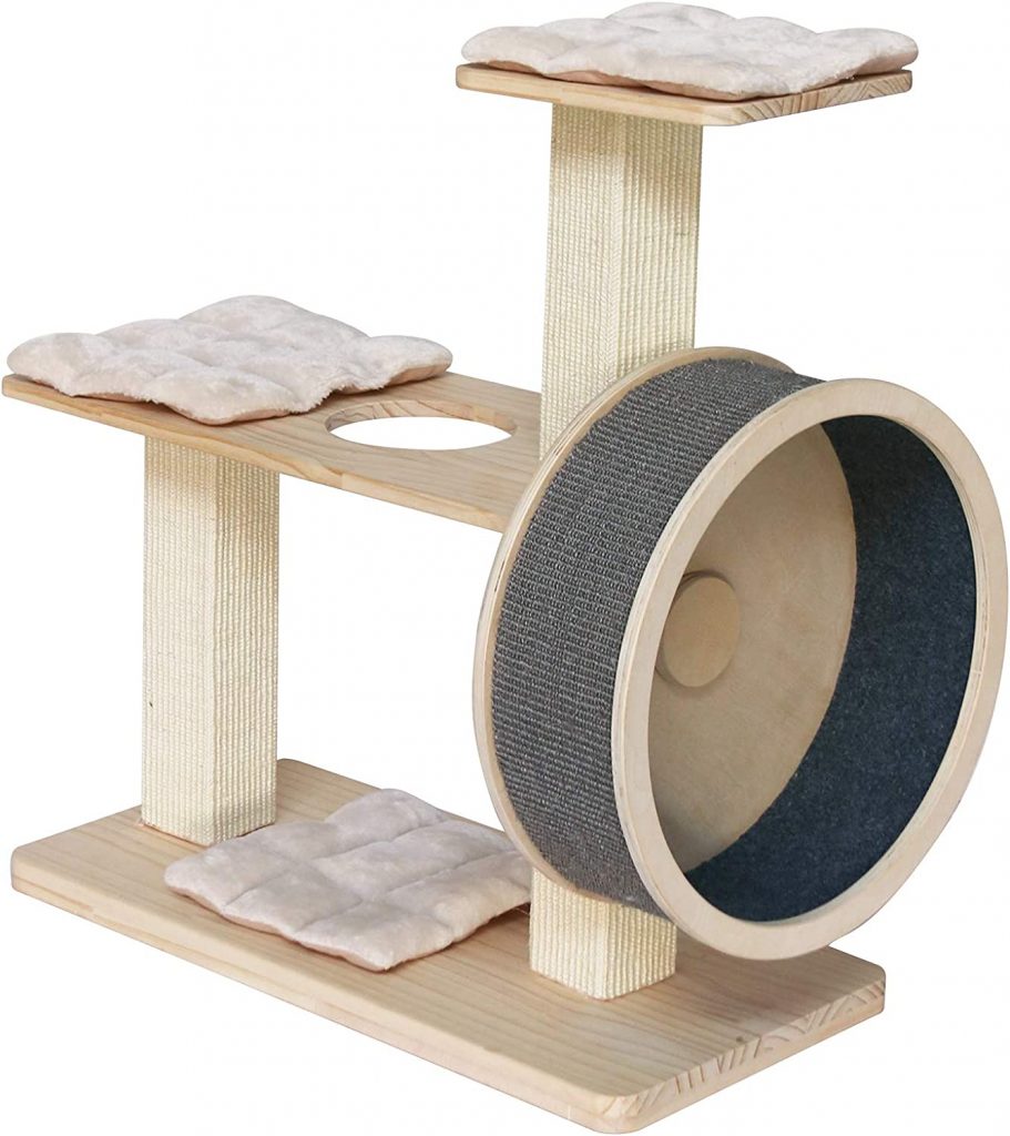 Penn-Plax cat exercise wheel comes with 2 options. You can choose the cat wheel by itself or the cat wheel with built-in cat tree.