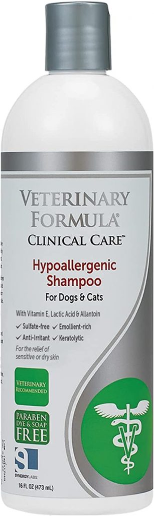 Veterinary Formula Clinical Care Hypoallergenic Shampoo for Dogs and Cats contains lactic acid to help with hydration and vitamin E to help with skin health.