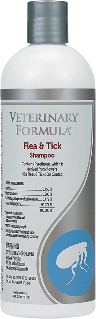 Veterinary Formula Flea and Tick Shampoo for Pets is PH-balanced and free of harsh soaps and parabens. This prevents the shampoo from drying out your pet's skin and leaves their fur soft and silky after bathing.