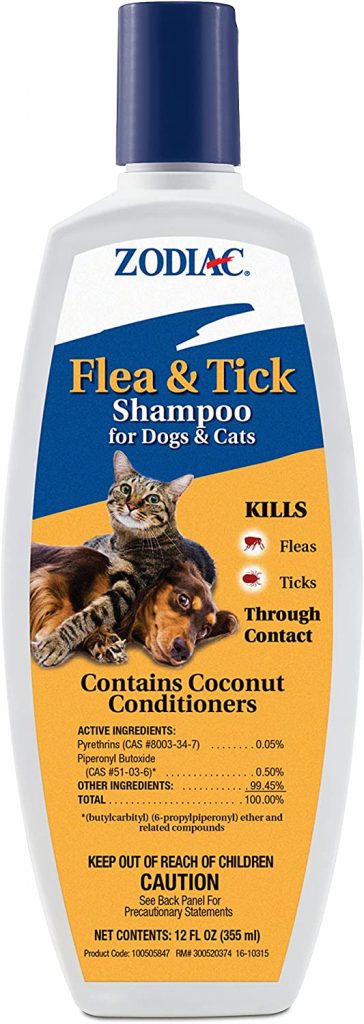 Zodiac Flea & Tick Shampoo for Dogs & Cats quickly kills fleas and ticks, and the results are visible as you wash. The shampoo also contains coconut conditioners to improve skin and coat health.