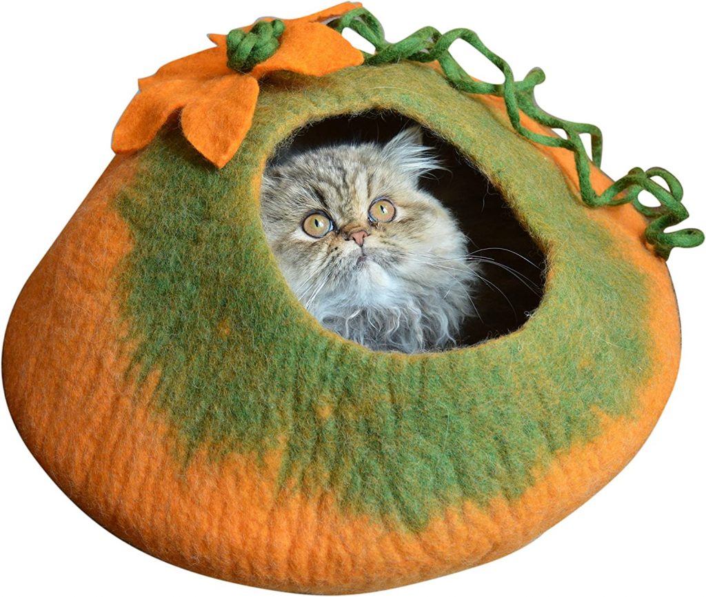 Earthtone Solutions Cat Cave Bed includes a gorgeous orange pumpkin with flowers and green tassels filled with warmth and love.