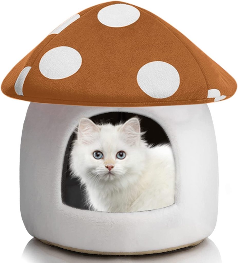 Mushroom cat bed that your cat will love: Hollypet Mushroom Shape Pet Cave and Mokoboho 100% Wool Felt Cat Cave Bed